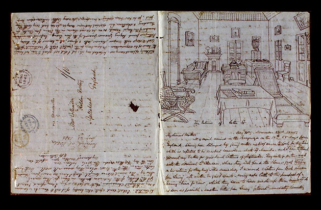 英國皇家工程兵團哥連臣中尉的家書，日期為1845年11月23日，信中談及他在香港的生活和工作，並附了一幅家居草圖。